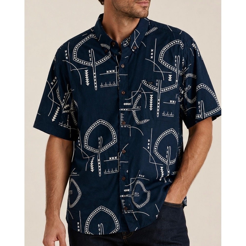 Tanoa Mens 2XL Navy Blue Tribal Geometric Print Short Sleeve Button Down Shirt